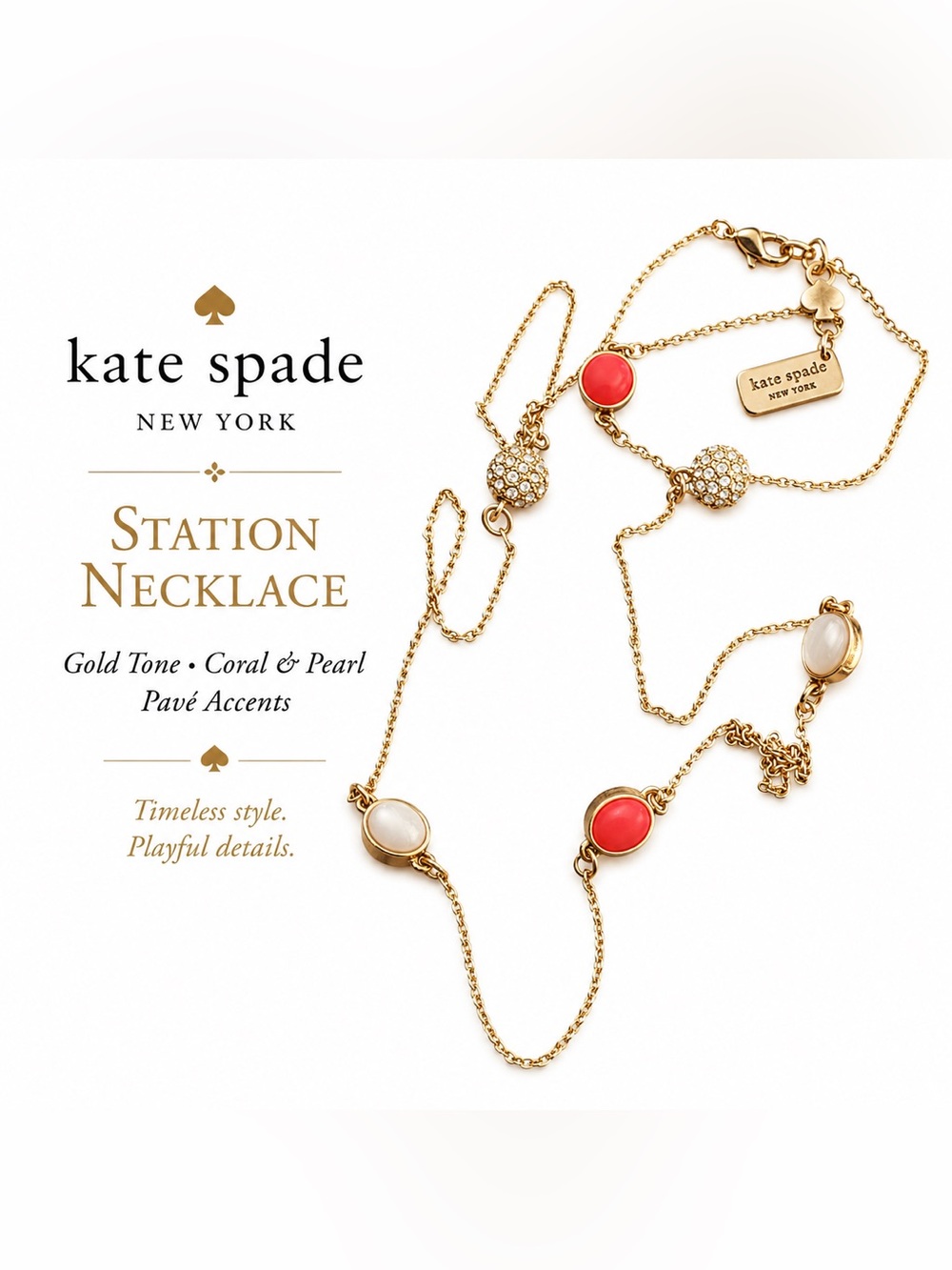 Kate Spade New York Gold Tone Coral & Pearl Station Necklace